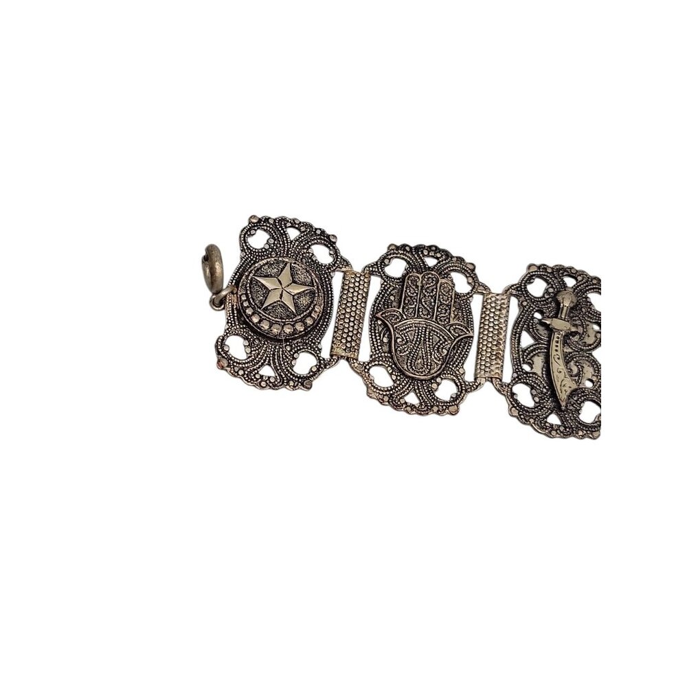 Morocco Souvenir Bracelet Hashi Hand Elephants Stars Nimcha Sword Links Vtg - Picture 6 of 10